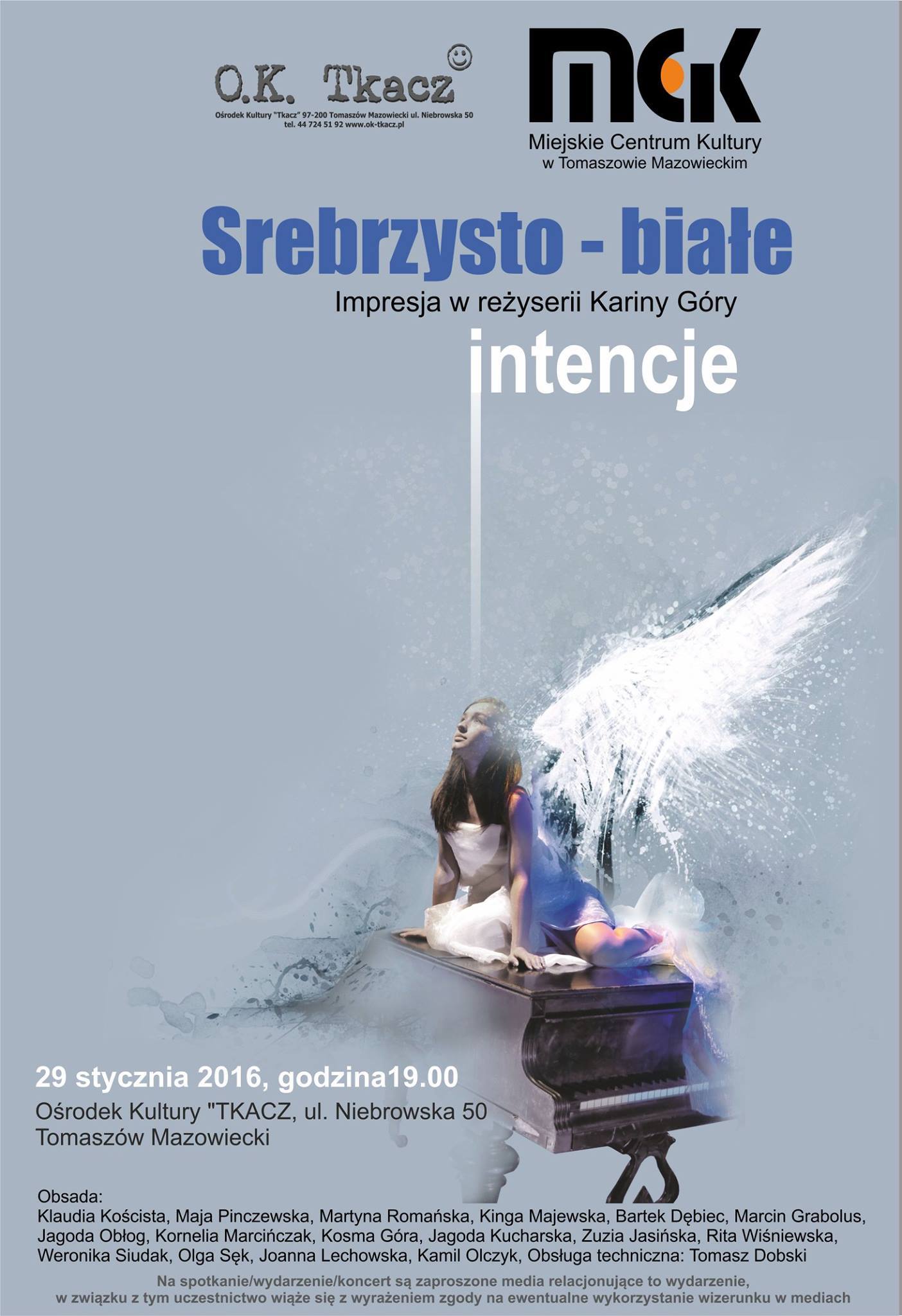 Plakat przedstawienia "Srebrzysto - Białe intencje"