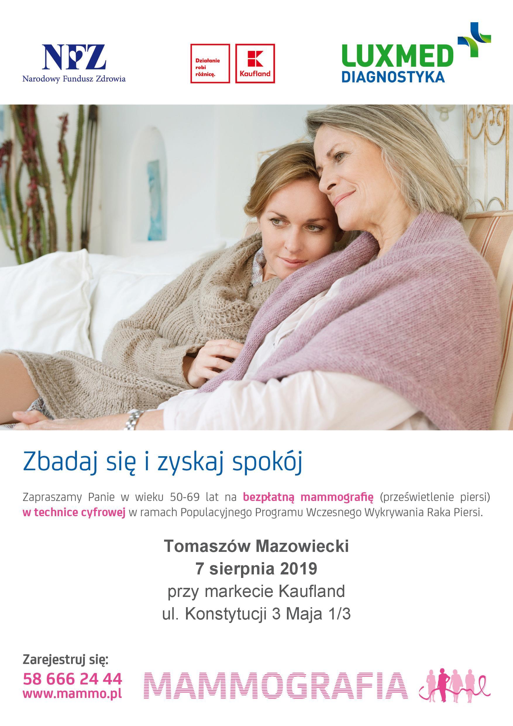 Plakat zapowiadający badania mammograficzne w Tomaszowie 7 sierpnia