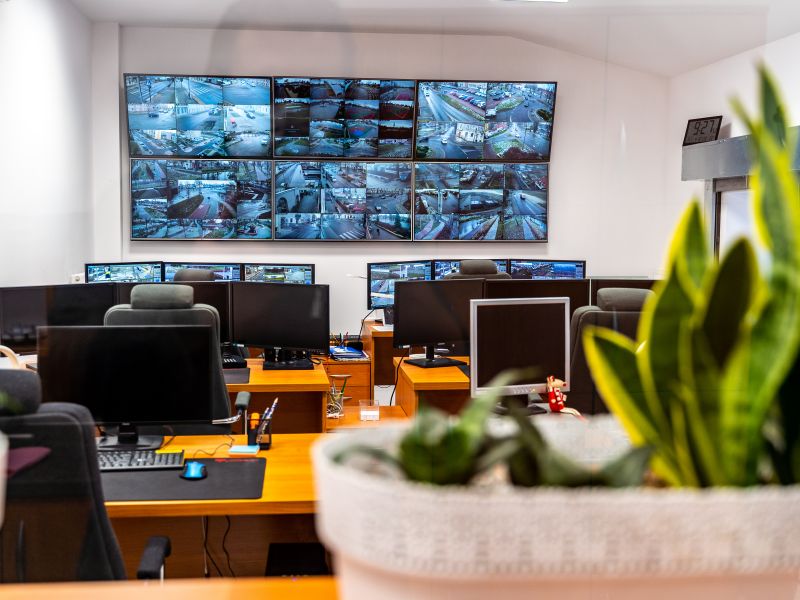 Na zdjęciu centrum monitoringu, widać pomieszczenie z ekranami monitoringu oraz komputery i fotele operatorów