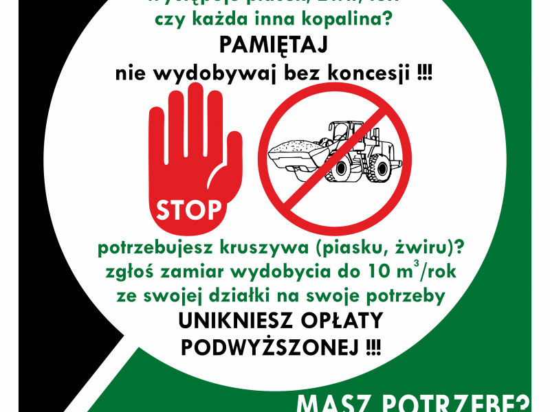 Na fotografii plakat kampanii informacyjnej Okręgowego Urzędu Górniczego w Kielcach dotyczącej koncesji na wydobywanie kopalin. Na plakacie symbol ręki 