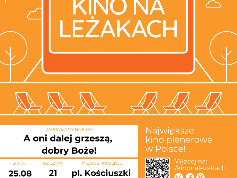 Na zdjęciu plakat Kina na Leżakach na placu Kościuszki. Na plakacie grafika ekranu kinowego oraz leżaków