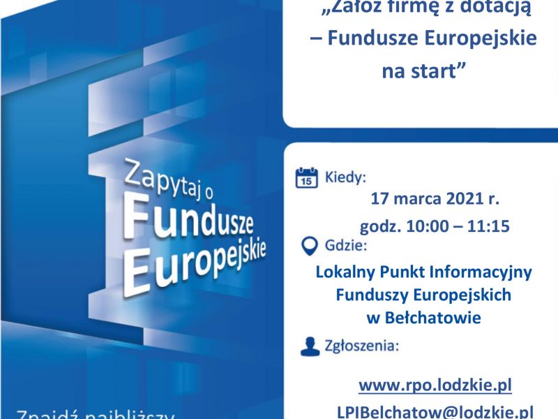 Na zdjęciu plakat Punktu Informacyjnego Funduszy Europejskich. Kolorystyka niebiesko-biała, informacje 