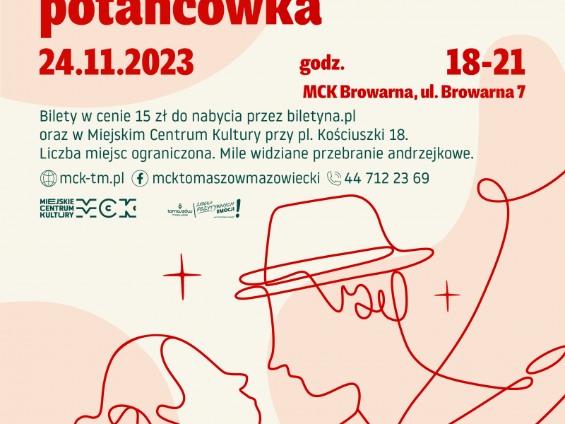 Plakat Andrzejkowej potańcówki w MCK Browarna. Na plakacie grafika tańczącej pary