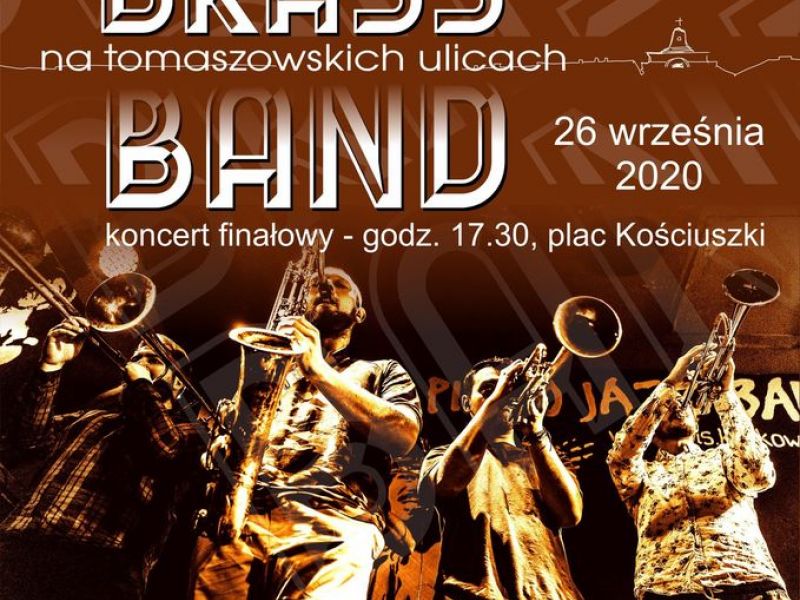 Plakat, na plakacie muzycy grupy Parnass Brass Band z instrumentami, data i godzina występu