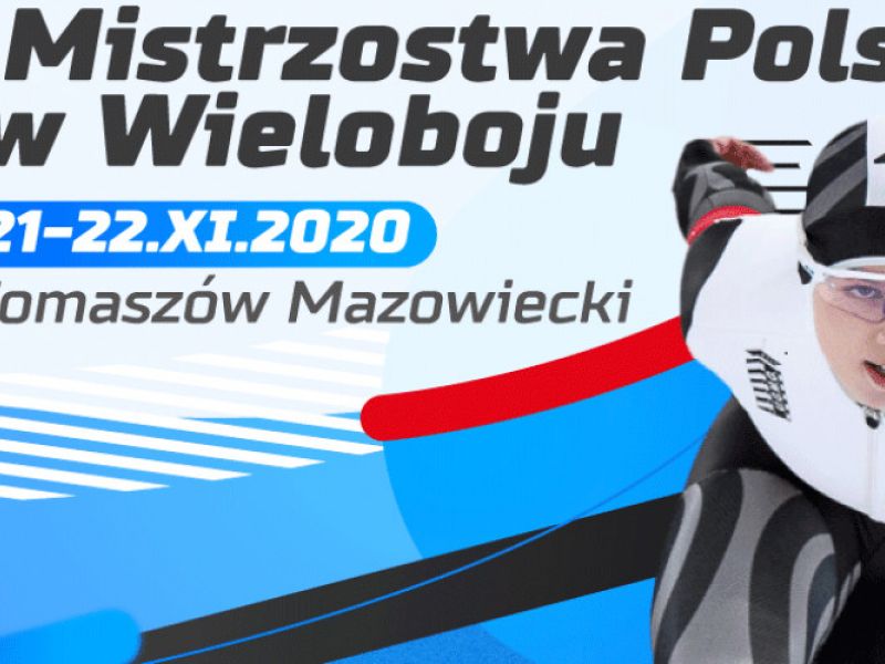 Na zdjeciu baner Mistrzostw Polski w Wieloboju na Arenie Lodowej. Na banerze postać łyżwiarki podczas wyscigu łyżwiarskiego