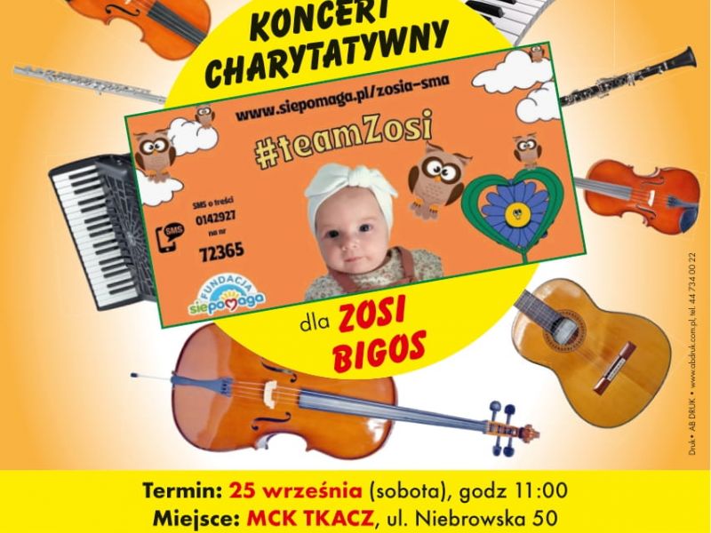Na zdjęciu plakat Koncertu charytatywnego dla Zosi Bigos. na plakacie instrumenty muzyczne (grafika) i zdjęcie Zosi