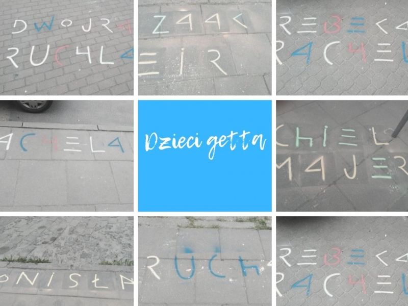 Na zdjęciu kolaż zdjęć z imionami dzieci żydowskich napisanych kredą na chodniku