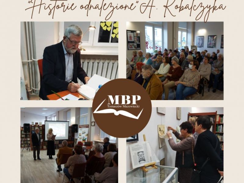 Na zdjęciu fotomontaz fotografii ze spotkania regionalisty A. Kobalczyka w MBP. Na zdjęciach autor i publicznośc w czytelni MBP