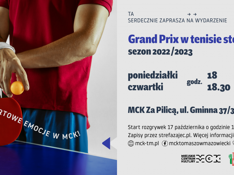 Na zdjęciu baner Grand Prix w tenisie stołowym w MCK Za Pilicą. Na banerze sylwetka tenisisty stołowego przy stole ping-pongowym