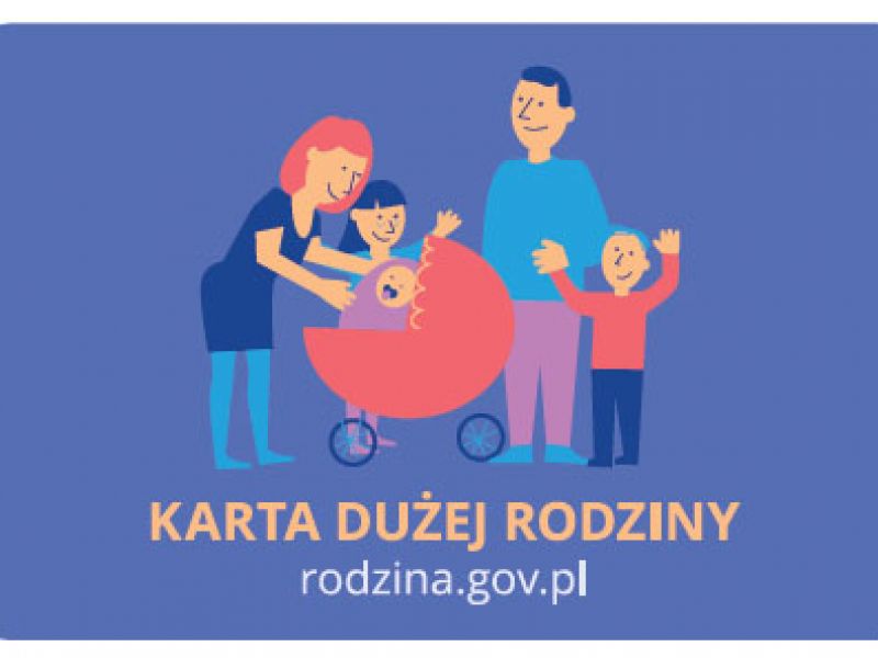 Na zdjęciu baner Karty Dużej Rodziny. Na banerze grafika 5 osobowej rodziny pluz dziecięcy wózek