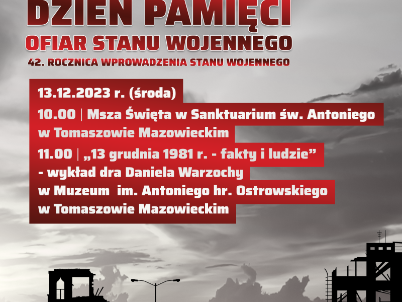 Na zdjęciu plakat Dnia Obchodów Stanu Wojennego w Polsce. na plakacie grafika ruin miasta i czołgów oraz żołnierzy