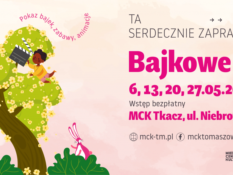Na zdjęciu baner Bajkowych Poranków w MCK. Na banerze bajkowe drzewko z postaciami rysunkowymi chłopca i dziewczynki, lwa oraz królika