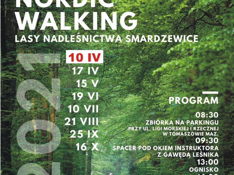 Na zdjęciu plakat Rajdu Patyczaków Nolrdic Walking. Na plakacie ścieżka w lesie, na ścieżce maszeruje starszy pan z kijkami