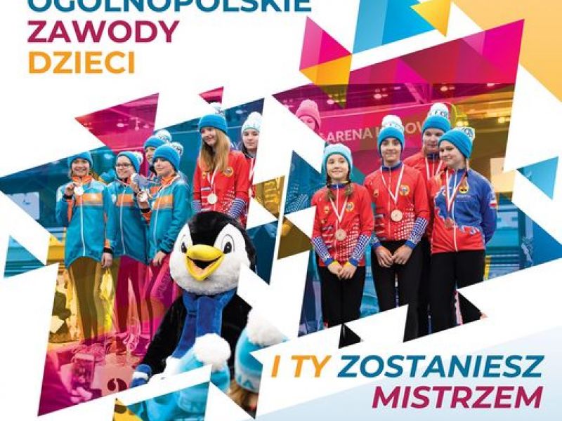 Na zdjęciu plakat OZD Dzieci i Młodzieży. Na zdjęciu łyżwiarze i łyżwiarki z maskotką Areny 