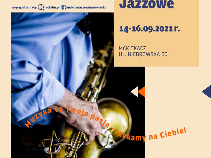 Plakat warsztatów jazzowych. na fotografii saksofomn trzymany wrękach przez saksofonistę