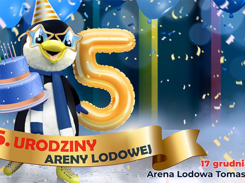 Na zdjęciu baner 5 urodziny Areny Lodowej. na banerze Pimgwin - z tortem urodzinowym