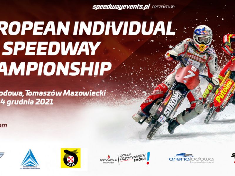 Na zdjęciu baner European Individual Ice Speedway Championship w Arenie Lodowej. Na banerze dwaj żużlowcy podczas wyścigu na lodzie