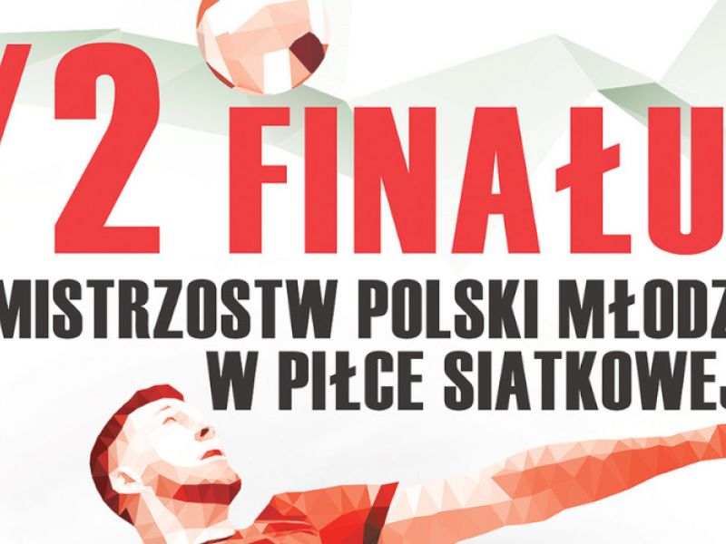 Na zdjęciu baner zapowiadający pólfinał MP Młodzików w Piłce Siatkowej. Na plakacie grafika siatkarza podczas zagrywki