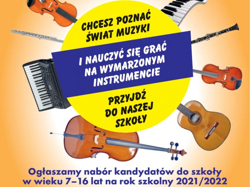 na zdjęciu plakat PSM z ogłoszeniem o naborze/ na plakacie grafiki instrumentów muzycznych