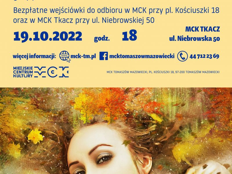 Na zdjęciui plakat jesiennego wieczoru poezji w MCk. na banerze oniryczna postać kobieca