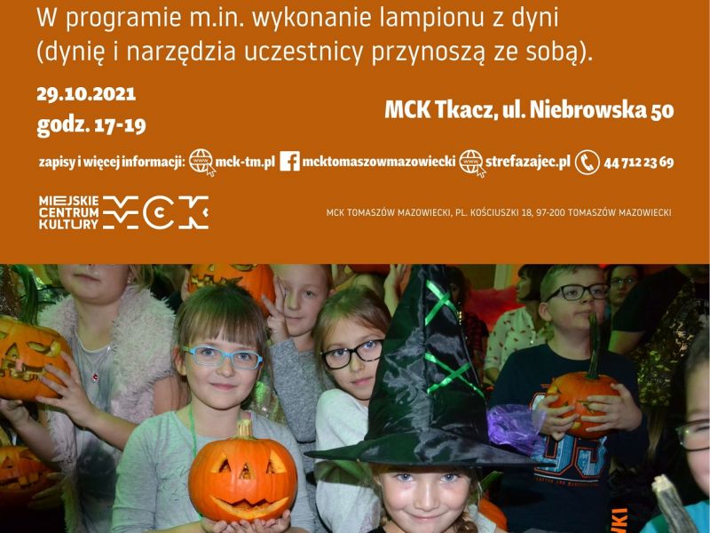 Na zdjęciu plakat imprezy dla dzieci w MCK. na plakacie zdjęcie dzieci z halloweenowymi dyniami w rekach
