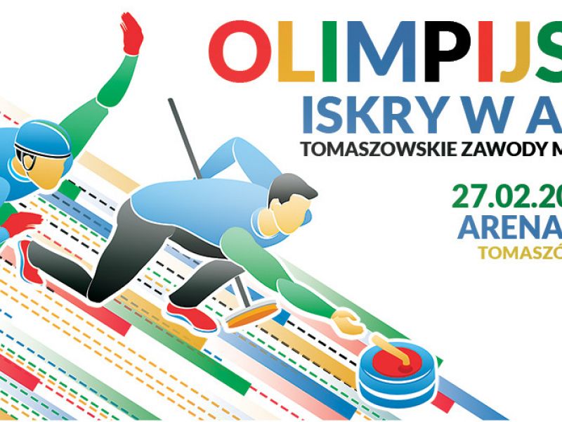 Na zdjęciu baner zawodów dla uczniów szkół podstawowych Olimpijskie iskry w Arenie. Na banerze grafika 