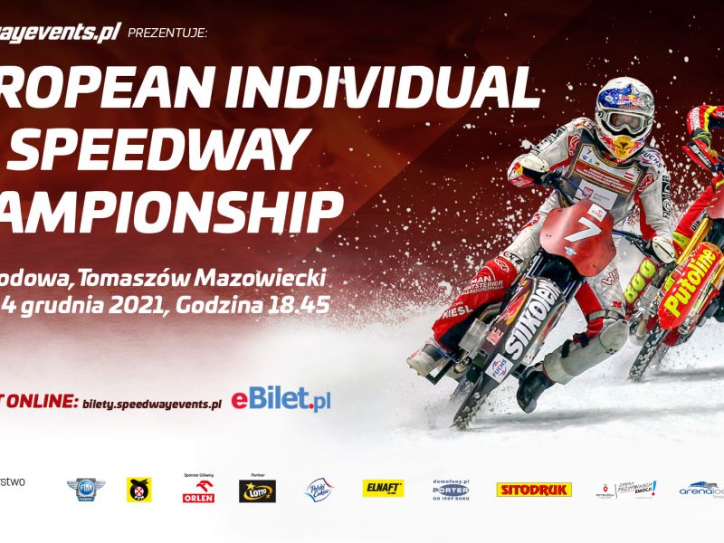 Na zdjęciu plakat European Individual Ice Speedway Championship. Na banerze ścigają się dwaj żużlowcy na lodzie. Kolorowe kombinezony