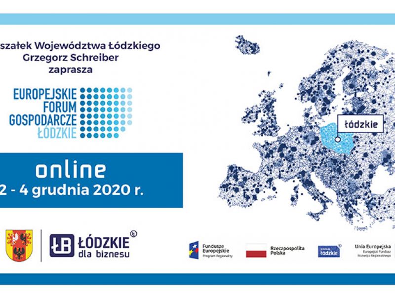 Na zdjęciu baner Europejskiego Forum Gospodarczego w Łodzi, ktore odbywać sie będzie w dniach 2-4 grudnia. Na banerze logo Forum oraz grafika przedstawiająca zarys Europy, a także loga współorganizatorów. 