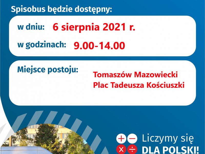 Na zdjęciu plakat ze spisobusem, w którym można dokonać spisu w ramach NSPLiM. Na zdjęciu bus- spisobus.