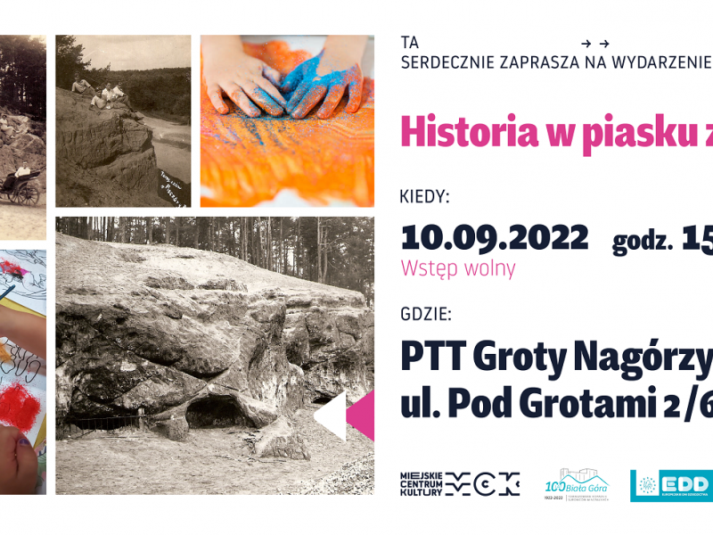 Na zdjęciu baner Europejskich Dni Dziedzictwa w Grotach Nagórzyckich. Na banerze zdjęcia Grot - Podziemnej Trasy Turystycznej