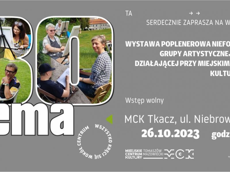 Na zdjęciu baner wystawy poplenerowej w MCK Tkacz. Na banerze zdjęcia uczestników pleneru przy pracy