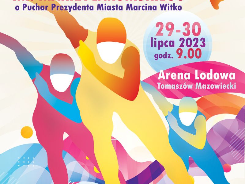 Na zdjęciu plakat letnich zawodów łyżwiarskich na Arenie. na plakacie grafika trzech ścigających się łyżwiarzy oraz informacja tekstowa