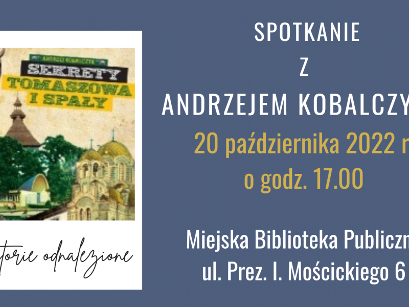 Na zdjęciu baner spotkania z Andrzejem Konbalczykiem w MBP. Na banerze okladka jedej z książek autora
