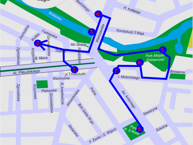 Zdjęcie przedstawia plan miasta Tomaszowa Mazowieckiego z wytyczonymi ulicami miasta. Na palanie logo gry miejskiej 