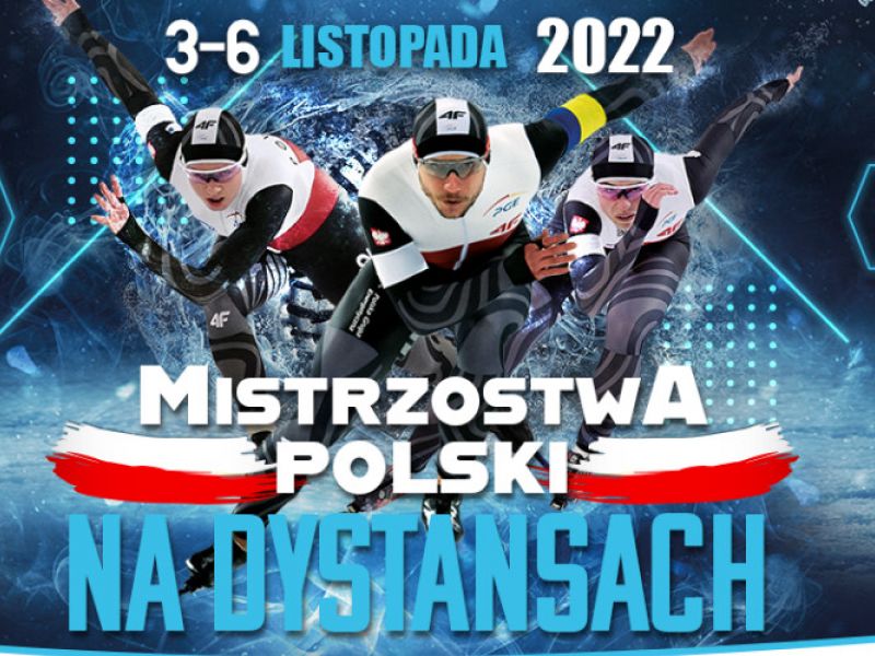 Na zdjęciu plakat Mistrzostw Polski na Dystansach. Na plakacie panczeniści podczas startu
