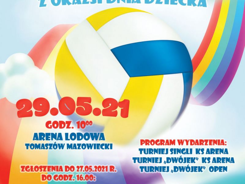 Na zdjęciu plakat zawodów Arena Cup - Miniturniej Siatkówki z okazji Dnia Dziecka. Na zdjęciu piłka i kolorowe wstęgi