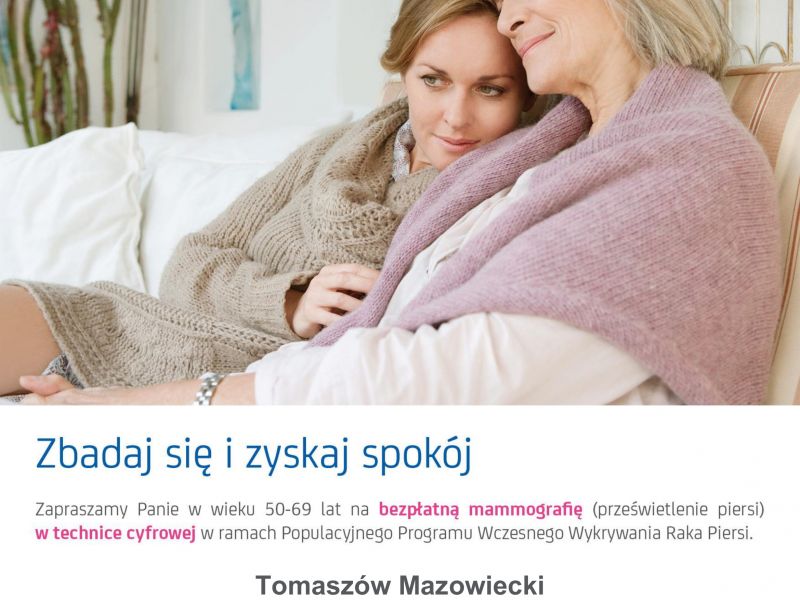 Na zdjęciu plakat bezpłatnej mammografii. Na plakacie matka z córką, przytulone do siebie