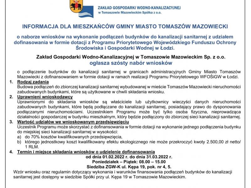 Na zdjęciu ogłoszenie o naborze wniosków na przyłącza budynków do kanalizacji sanitarnej. Informacja tekstowa oraz logo ZGWK.
