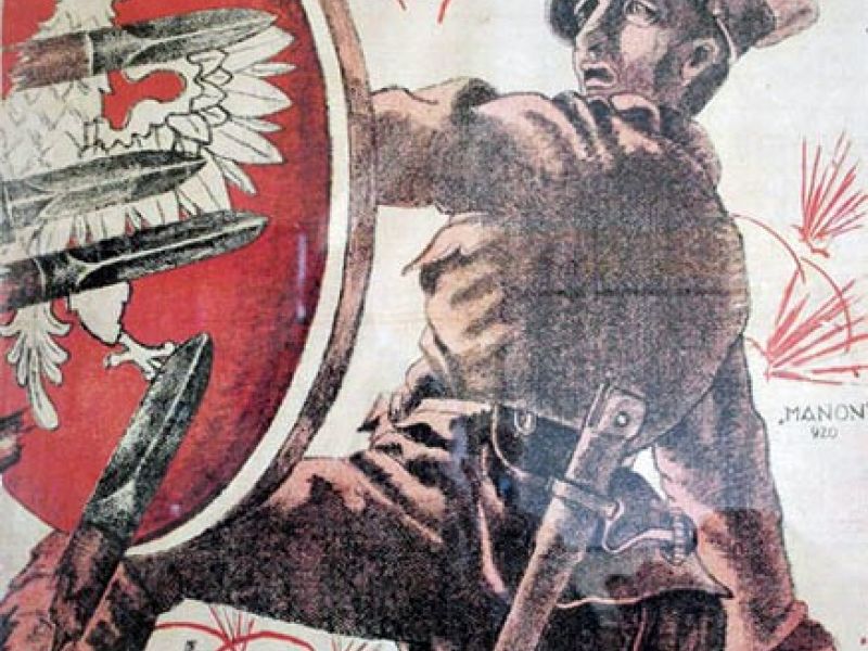 Plakat jasny, żołnierz trzyma czerowną tarczę z godłem, czerowny napis 