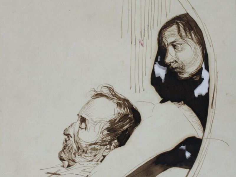 Na zdjęciu odnaleziony w muzeum rytsunek Piotra Michałowskiego przedstawiający hrabiego Ostrowskiego na łożu śmierci. Rysunek wykonany tuszem