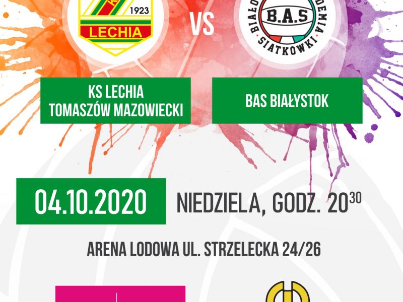  plakat z kolorowymi plamami farby na którym są informacje o meczu