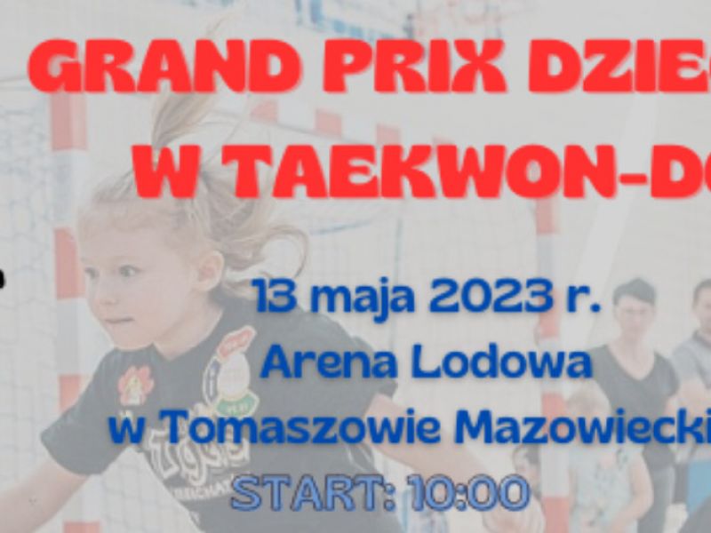 Na zdjęciu baner Grand Prix dla Dzieci w Taekwon-do. Na banerze figury graficzne karateków