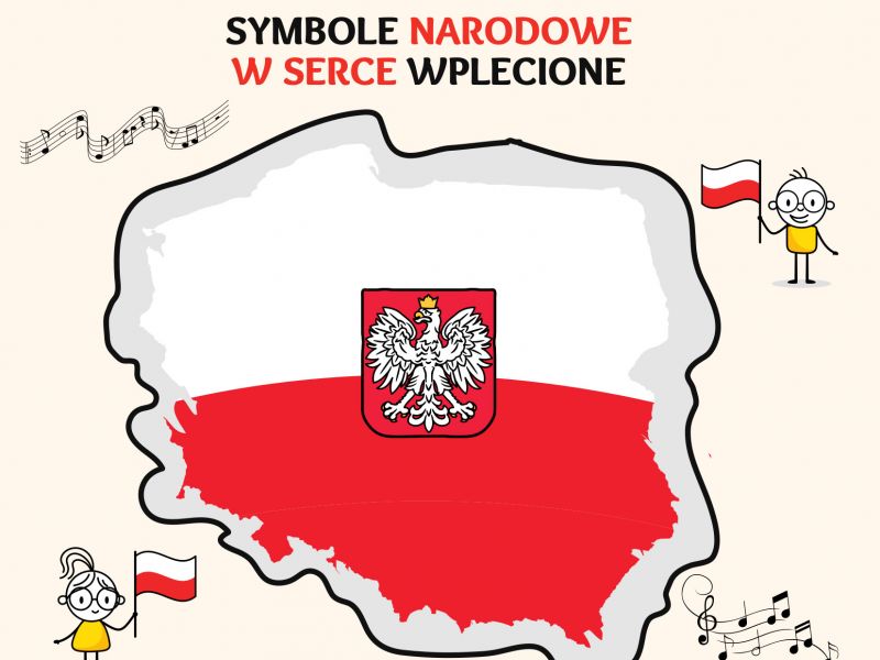 Na zdjęciu plakat Programu Symbole Narodowe RP. Na plakacie kontur Polski w kolorze biało-czerwonym i grafiki dzieci z choragiewkami biało-czerwonymi oraz sznurek zawiązany w petelkę
