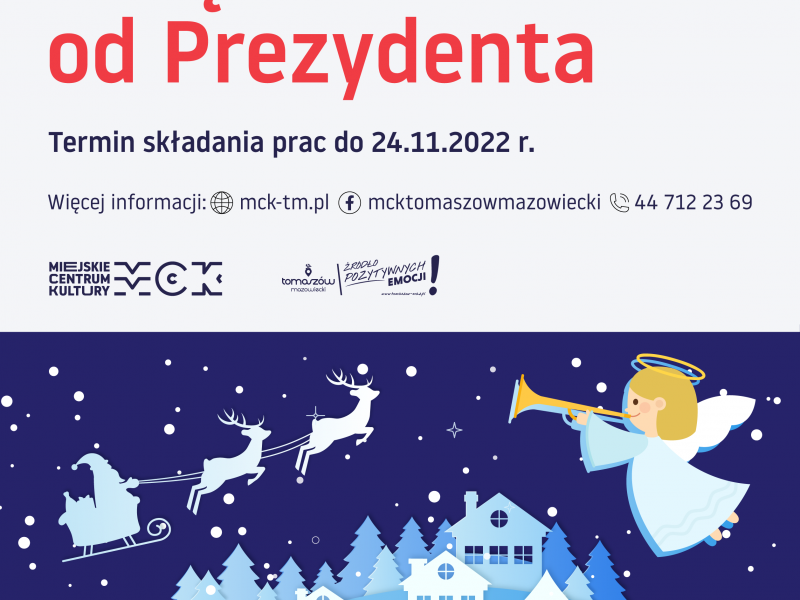 Na zdjęciu plakat konkursu Świąteczna Kartka od Prezydenta. Na plakacie św Mikołaj na saniach z reniferami