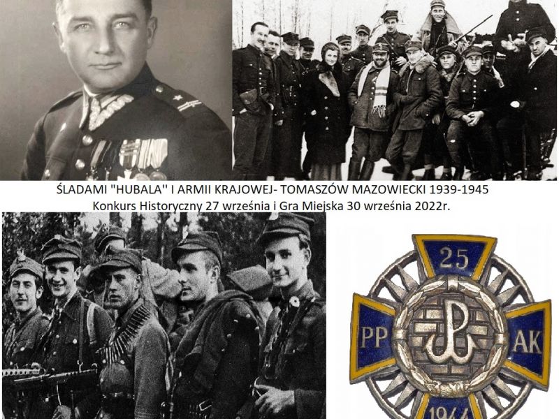 Na zdjęciu portet mjr Dobrzańskiego Hubala. odznaka AK i stare zdjęcia oddziału mjr Hubala