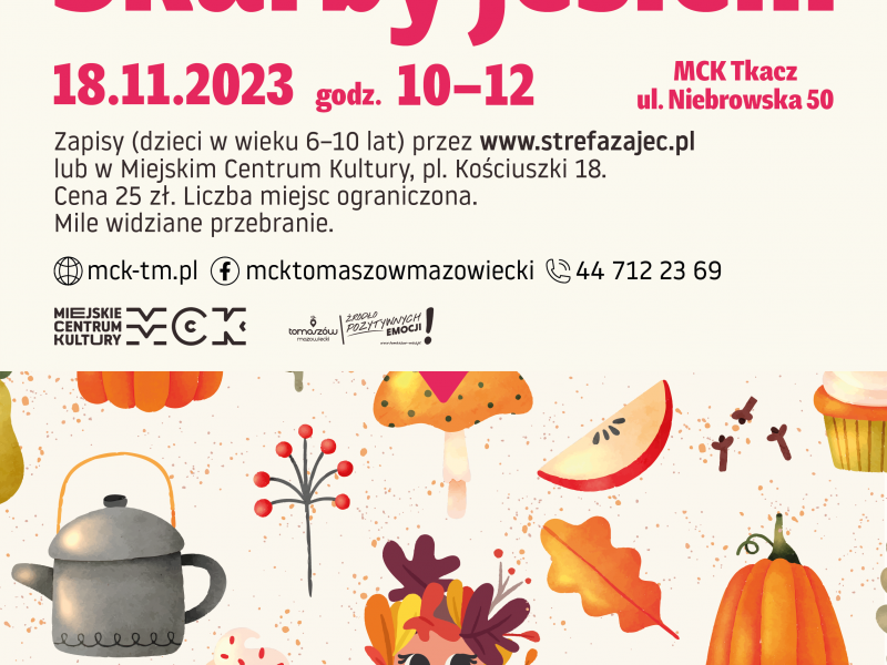 Na zdjęciu plakat jesiennych zajęć Fun Kids w MCK. Na plakacie owoce i naczynia stołowe domowe