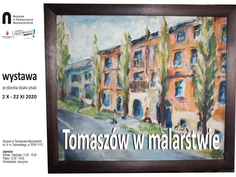 Plakat informujący o wystawie malarstwa, na plakacie namalowane kamienice, przed budynkami szpaler drzew i spacerujący chodnikiem ludzie.
