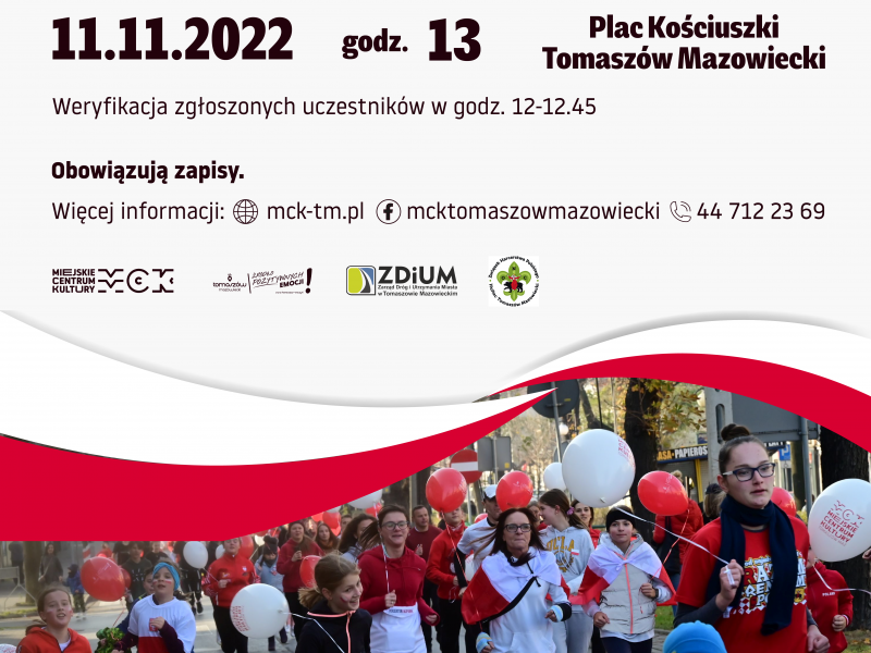 Na zdjęciu plakat Biegu Niepodległości. na plakacie uczestnicy biegu w biało-czerwonych koszulkach