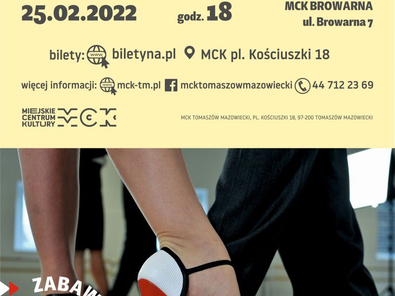 Na zdjęciu plakat potańcówki w MCK. Na plakacie fotografia stóp i butów tańczącej pary