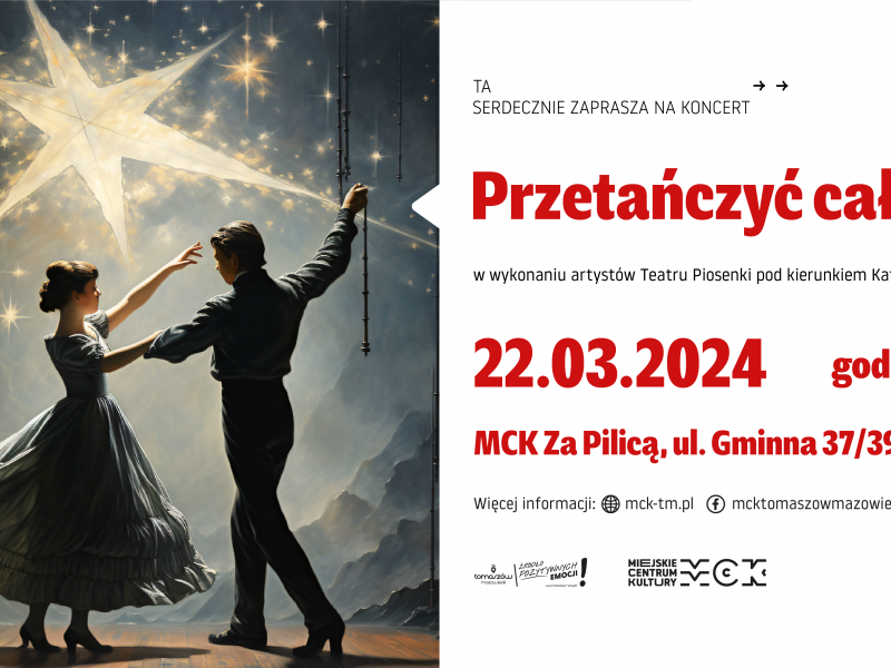 Na zdjęciu plakat Teatru Piosenki zapowiadający koncert w MCK. Na plakacie tańcząca para w świetle gwiazd